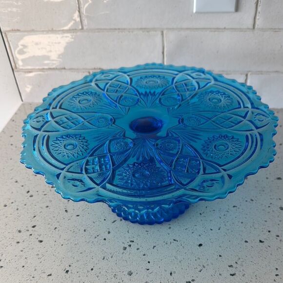 VINTAGE Imperial Glass Ohio Blue Bellaire Collectors Crystal Glass Cake Stand - Picture 1 of 12